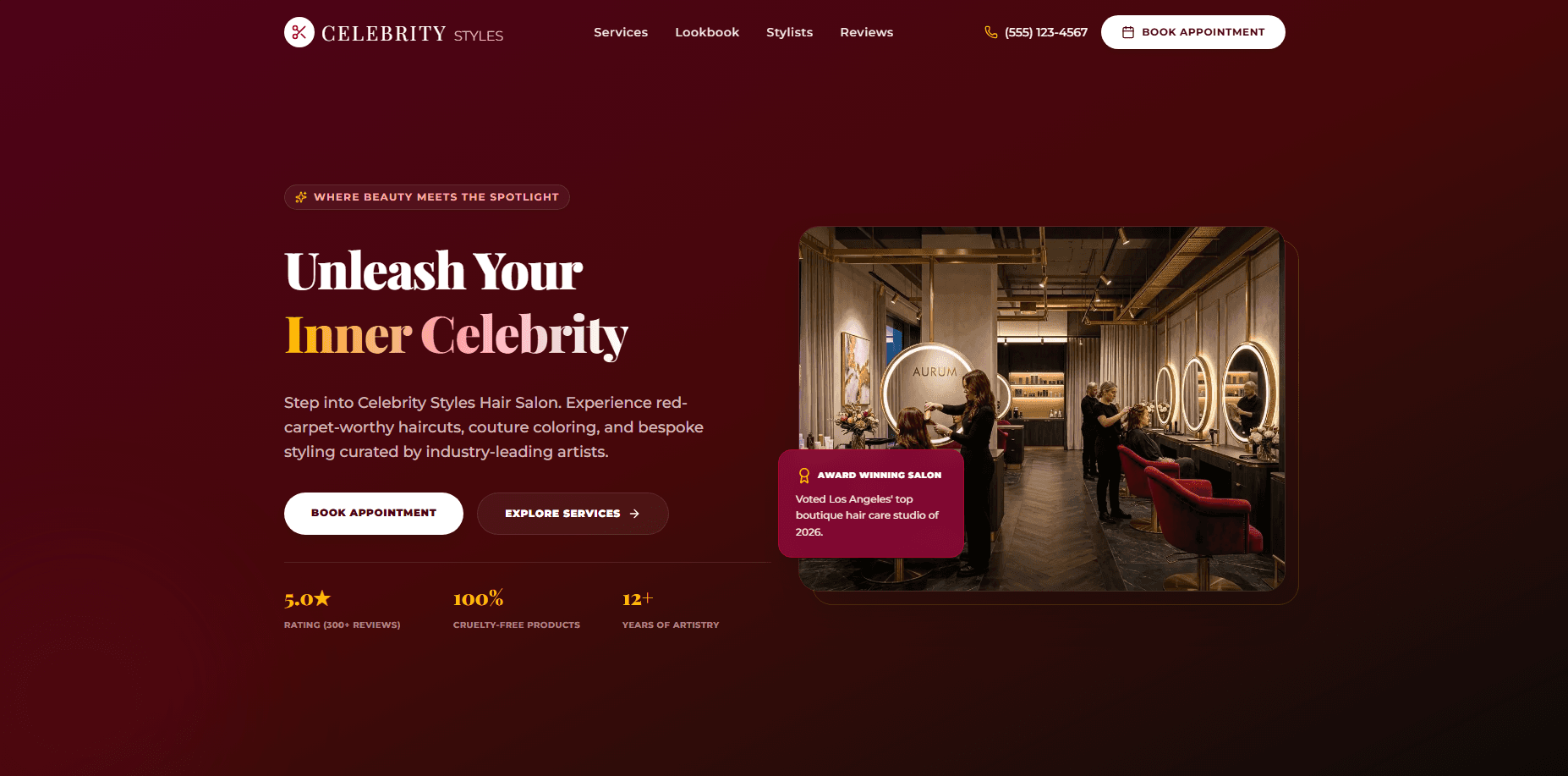 Celebrity Hair Salon redesigned website screenshot
